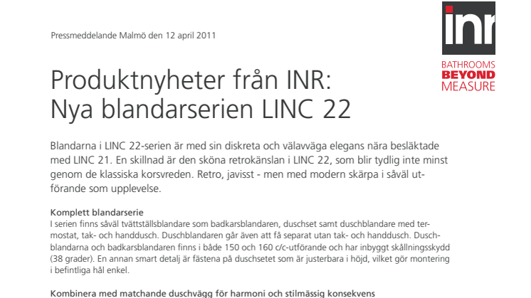 Produktnyhet från INR: Nya blandarserien LINC 22