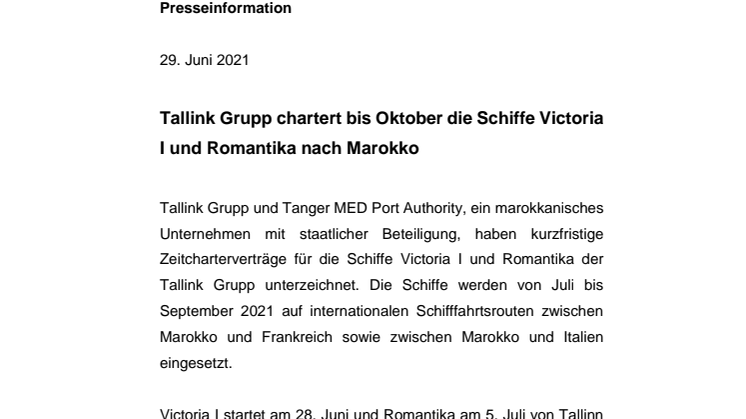 Tallink Grupp chartert bis Oktober die Schiffe Victoria I und Romantika nach Marokko