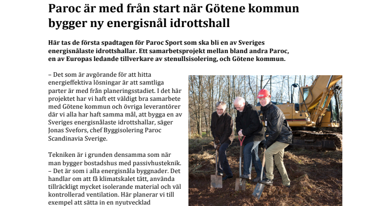 Paroc är med från start när Götene kommun bygger ny energisnål idrottshall