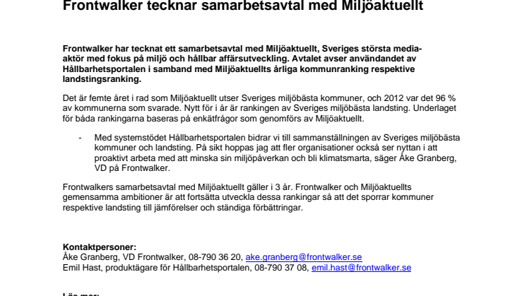 Frontwalker tecknar samarbetsavtal med Miljöaktuellt