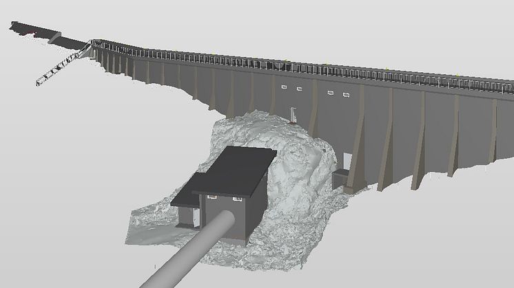 Multiconsult leverer ingen fysiske tegninger i damrehabiliteringsprosjektet for NTE Energi AS, kun digitale modeller. Her modell av dam Holden | Illustrasjon: Multiconsult