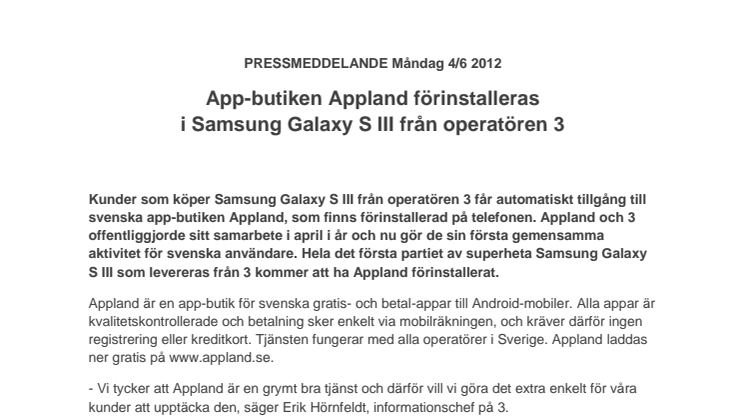 App-butiken Appland förinstalleras i Samsung Galaxy S III från operatören 3