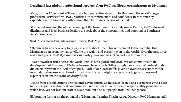 Leading Big 4 global professional services firm PwC reaffirms commitment to Myanmar