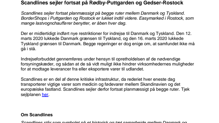 Scandlines sejler fortsat på Rødby-Puttgarden og Gedser-Rostock