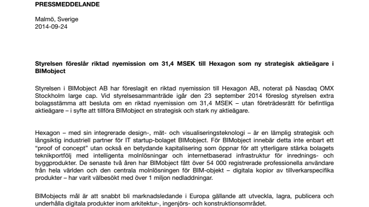 Styrelsen föreslår riktad nyemission om 31,4 MSEK till Hexagon som ny strategisk aktieägare i BIMobject 