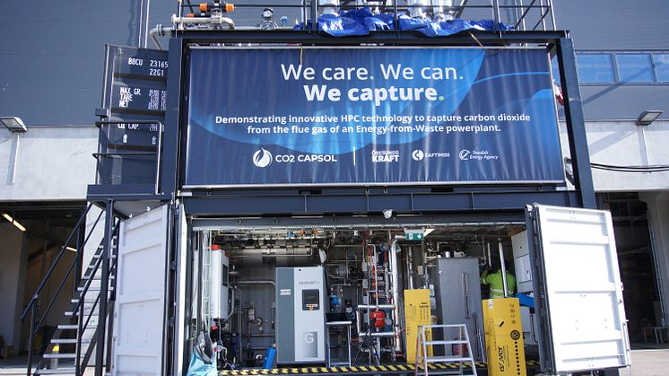 The mobile carbon capture demonstration unit from CO2Capsol at the Filbornaverket EfW plant in Helsingborg. (Photo: Öresundskraft)