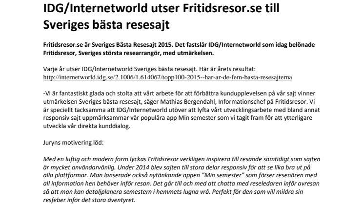 IDG/Internetworld utser Fritidsresor.se till Sveriges bästa resesajt 