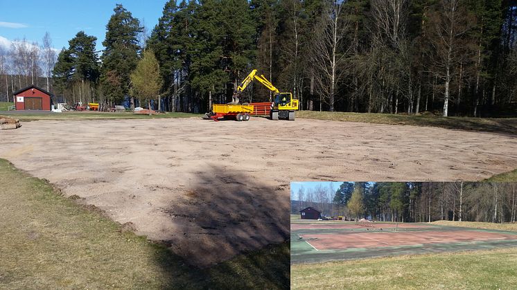 Så här ser det ut vid tennisbanorna just nu. Lilla bilden till höger är hur banorna såg ut innan arbetet påbörjades.