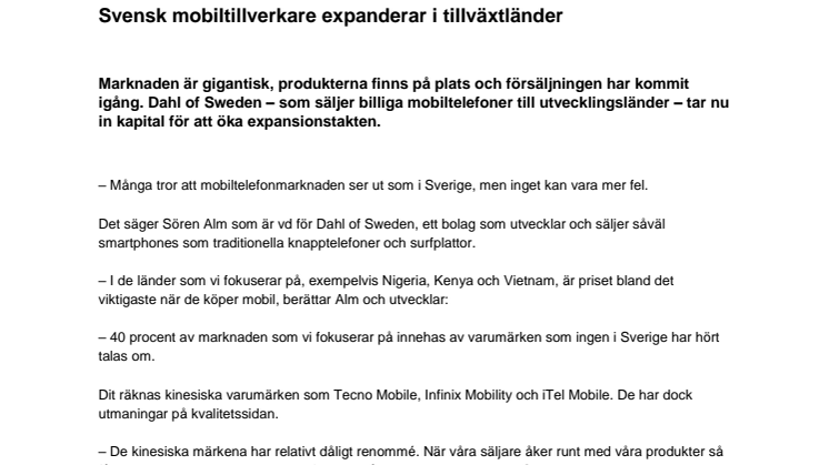 Svensk mobiltillverkare expanderar i tillväxtländer