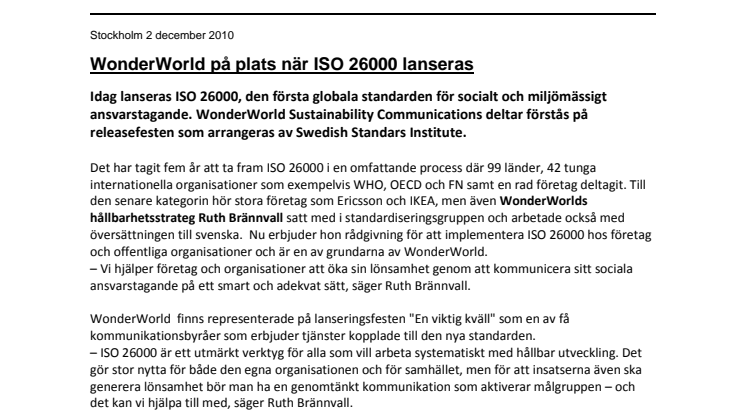 WonderWorld på plats när ISO 26000 lanseras