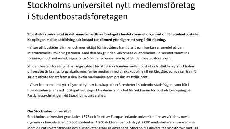 ​Stockholms universitet nytt medlemsföretag  i Studentbostadsföretagen