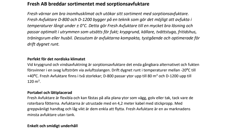 Fresh AB breddar sortimentet med sorptionsavfuktare