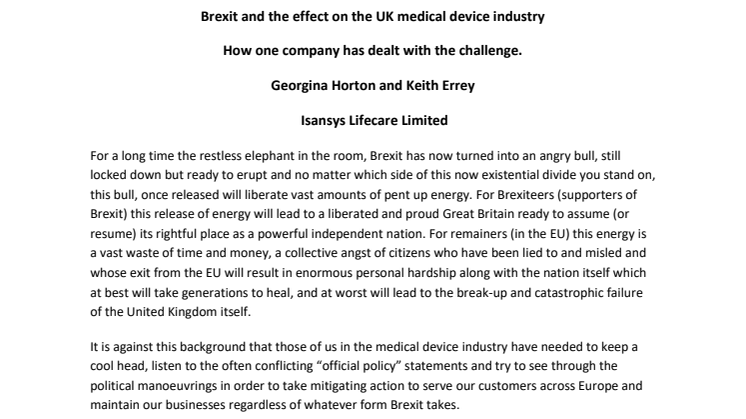 Brexit and the effect on the UK medical device industry - How one company has dealt with the challenge
