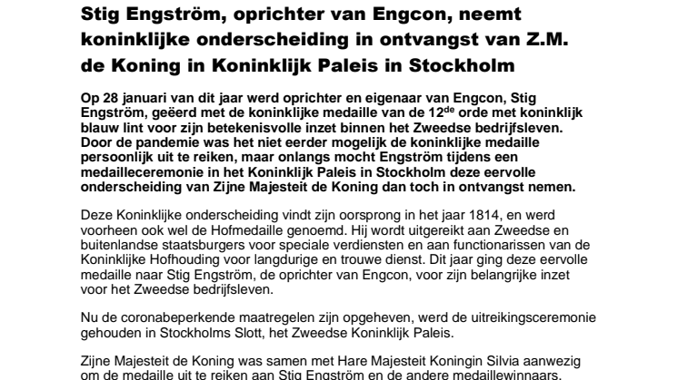 271021_Press_Stig Engström, oprichter van Engcon, neemt koninklijke onderscheiding in ontvangst van Z.M. de Koning in Koninklijk Paleis in Stockholm