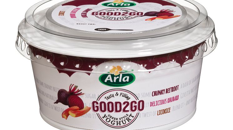 Good2Go yoghurt med rødbede, rabarber og lakrids