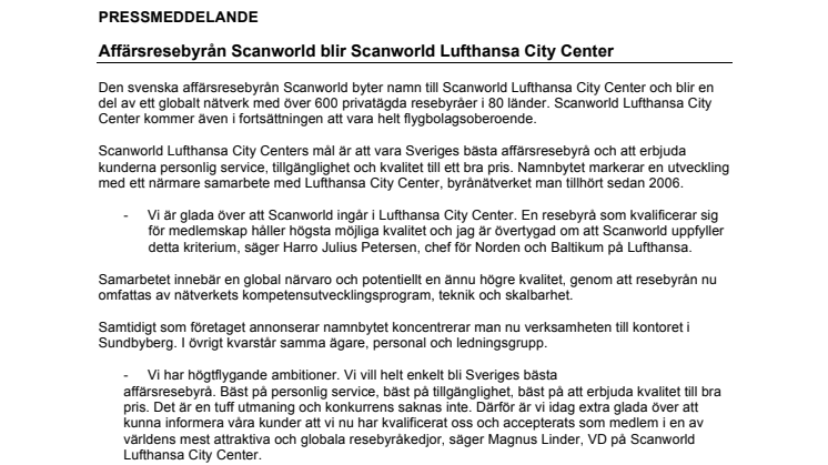 Affärsresebyrån Scanworld blir Scanworld Lufthansa City Center