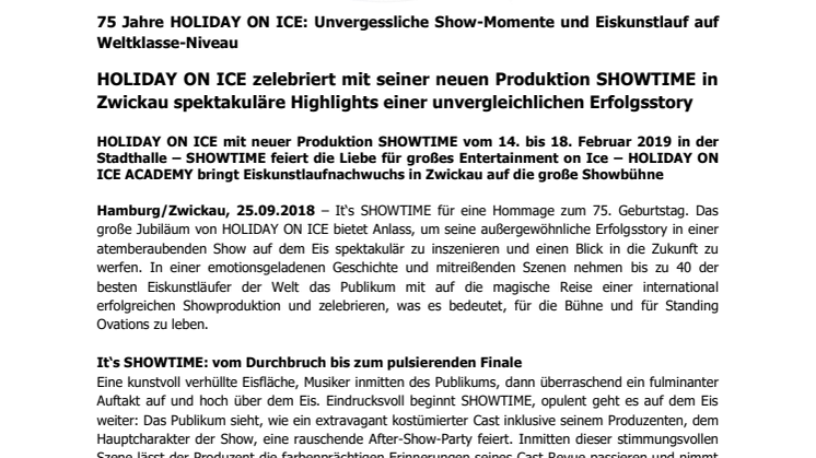 HOLIDAY ON ICE zelebriert mit seiner neuen Produktion SHOWTIME in Zwickau spektakuläre Highlights einer unvergleichlichen Erfolgsstory