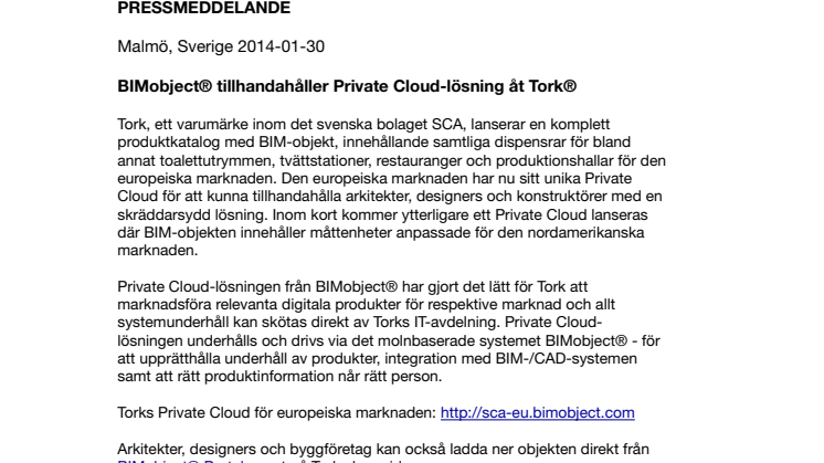 BIMobject® tillhandahåller Private Cloud-lösning åt Tork®