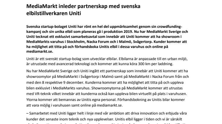 MediaMarkt inleder partnerskap med svenska elbilstillverkaren Uniti