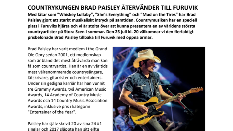 Countrykungen Brad Paisley återvänder till Furuvik