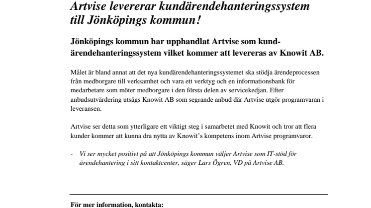 Artvise levererar kundärendehanteringssystem till Jönköpings kommun!