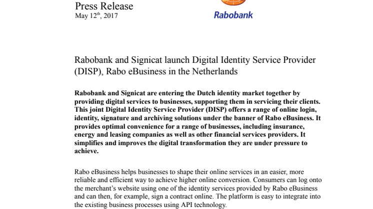 Rabobank lanserar Rabo eBusiness med Signicat som eID leverantör i Nederländerna