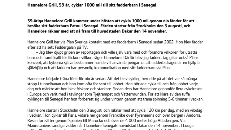 Hannelore Grill, 59 år, cyklar 1000 mil till sitt fadderbarn i Senegal