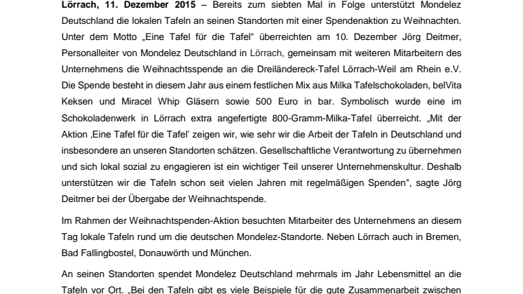„Eine Tafel für die Tafel“ – Mondelez Deutschland überreicht Weihnachtsspende an Dreiländereck-Tafel Lörrach-Weil am Rhein