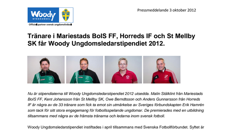 Tränare i Mariestads BoIS FF, Horreds IF och St Mellby SK får Woody Ungdomsledarstipendiet 2012