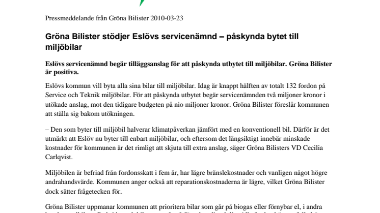Gröna Bilister stödjer Eslövs servicenämnd – påskynda bytet till miljöbilar