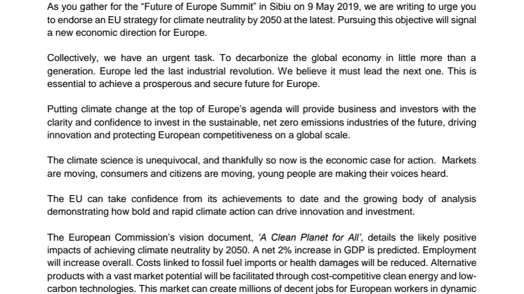 Upprop till EU-ledare om nollutsläpp 2050