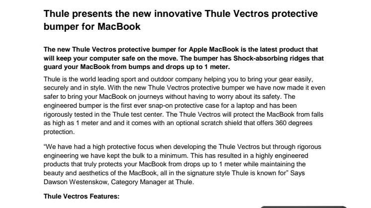 Thule presents the new innovative Thule Vectros protective bumper for MacBook