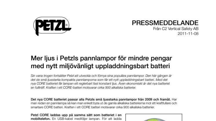 Mer ljus i Petzls pannlampor för mindre pengar med nytt miljövänligt uppladdningsbart batteri