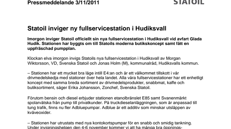 Statoil inviger ny fullservicestation i Hudiksvall