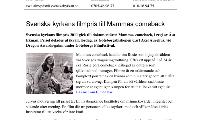 Svenska kyrkans filmpris till Mammas comeback