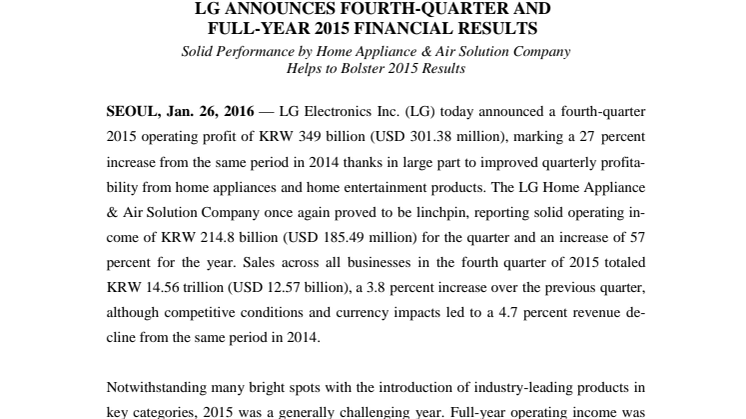 LG ANNOUNCES FOURTH-QUARTER AND FULL-YEAR 2015 FINANCIAL RESULTS