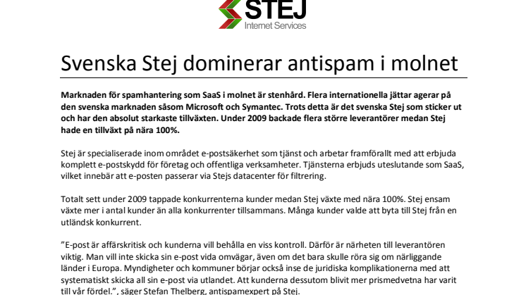 Svenska Stej dominerar antispam i molnet