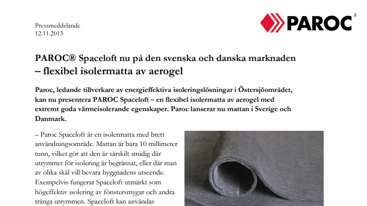 PAROC® Spaceloft nu på den svenska och danska marknaden – flexibel isolermatta av aerogel