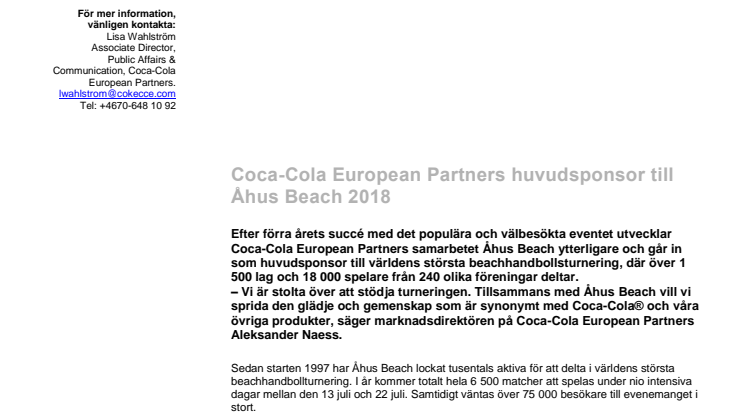 Coca-Cola European Partners huvudsponsor till Åhus Beach 2018