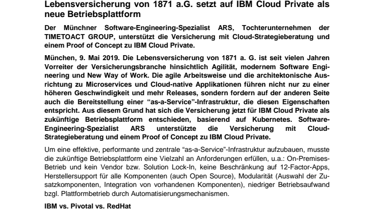 ARS unterstützt Lebensversicherung von 1871 a.G. bei der Einführung von IBM Cloud Private