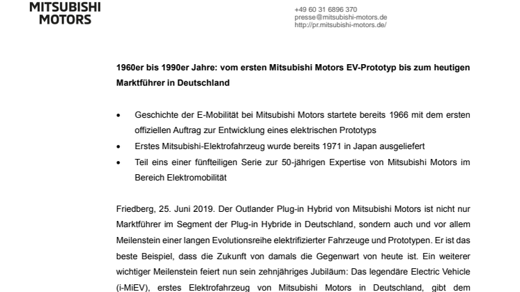 1960er bis 1990er Jahre: vom ersten Mitsubishi Motors EV-Prototyp bis zum heutigen Marktführer in Deutschland 