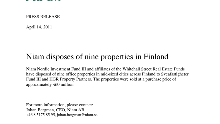 Niam disposes of nine properties in Finland