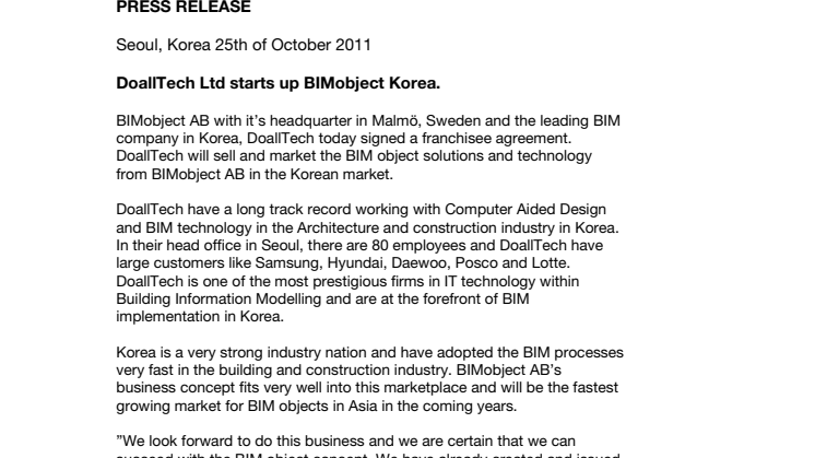 DoallTech Ltd starts up BIMobject Korea.