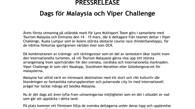 DAGS FÖR MALAYSIA OCH VIPER CHALLENGE 2015