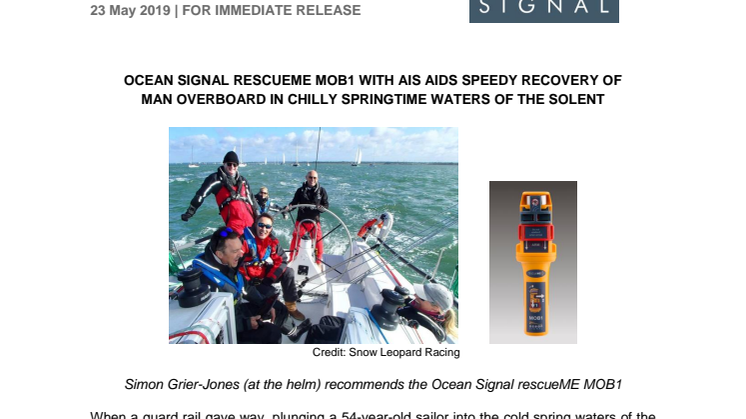 Ocean Signal rescueME MOB1 with AIS Aids Speedy Recovery of Man Overboard in Chilly Springtime Waters of the Solent