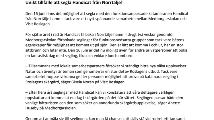 Unikt tillfälle att segla Handicat från Norrtälje!