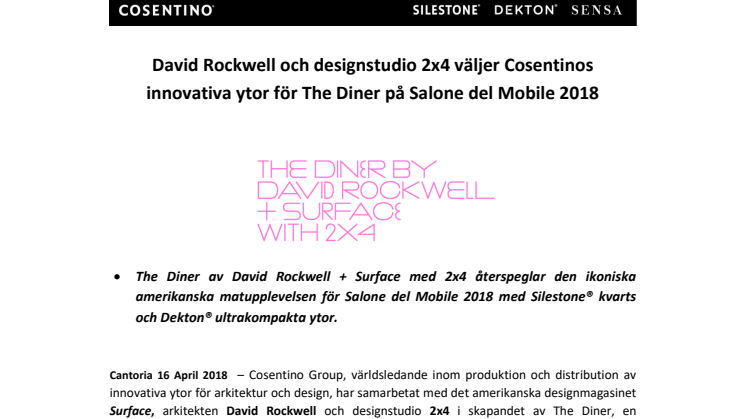 David Rockwell och designstudio 2x4 väljer Cosentinos innovativa ytor för The Diner på Salone del Mobile 2018