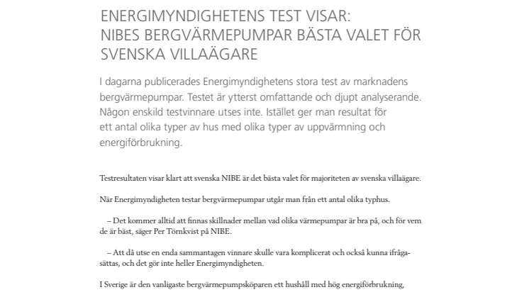 Energimyndighetens test visar: NIBEs bergvärmepumpar bästa valet för svenska villaägare
