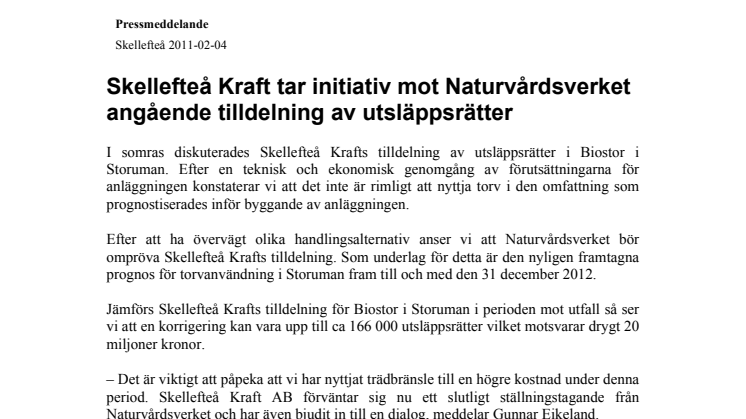 Skellefteå Kraft tar initiativ mot Naturvårdsverket angående tilldelning av utsläppsrätter