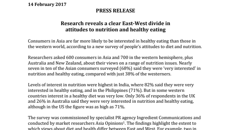 PRESS RELEASE – Research reveals a clear East-West divide in  attitudes to nutrition and healthy eating